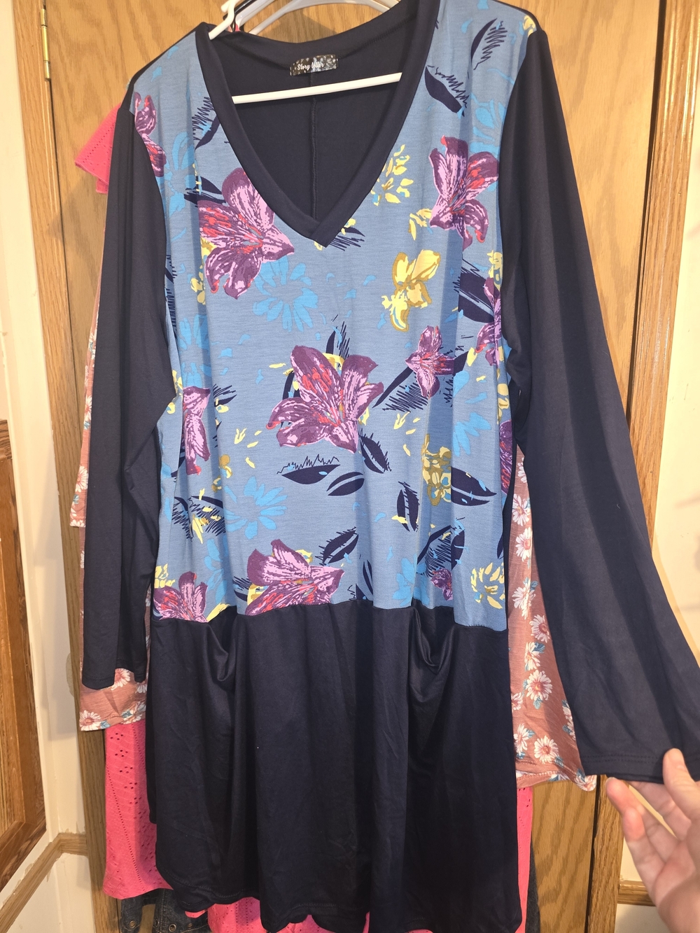 Floral V-Neck Top with Navy Panels